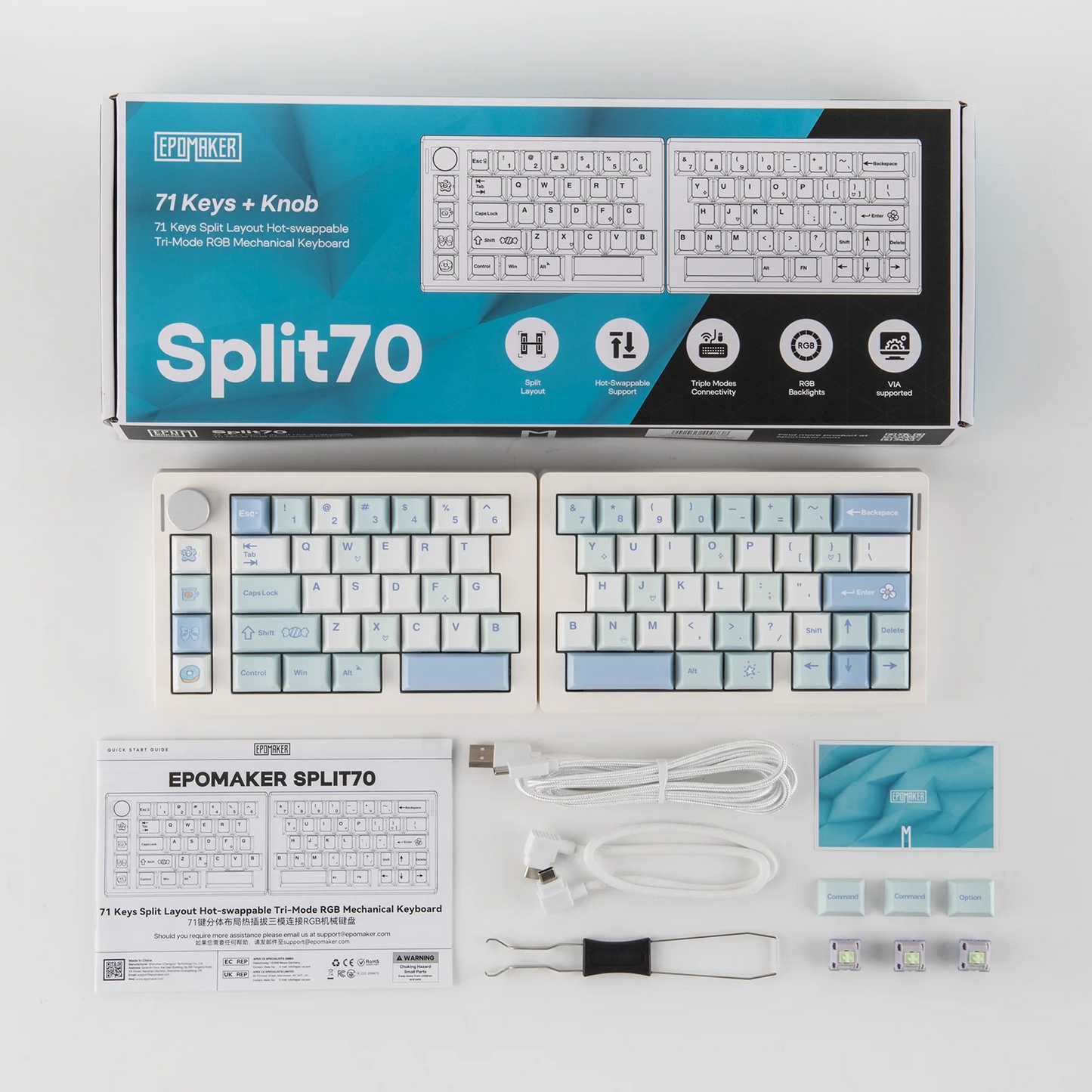 Tastiera meccanica EPOMAKER Split70 QMK/VIA 70% con layout split, connessione cablata/BT/2.4Ghz wireless, manopola programmabile e modificatori Mac