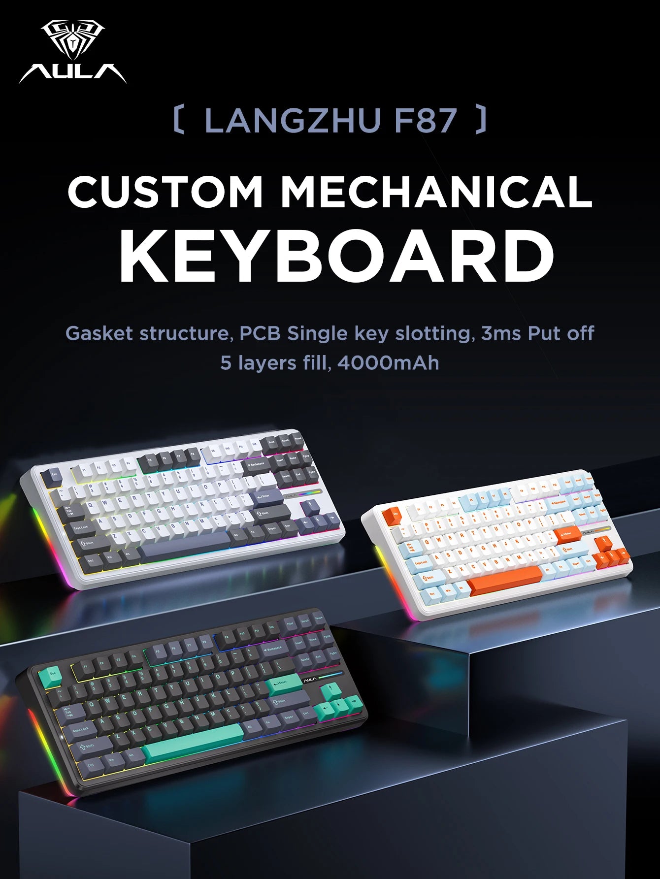 Original AULA F87 Pro Mechanical Keyboard Wireless USB Bluetooth Tri Mode 87 Key Rgb Pbt Gasket Laptop Gamer PC Gaming Keyboards