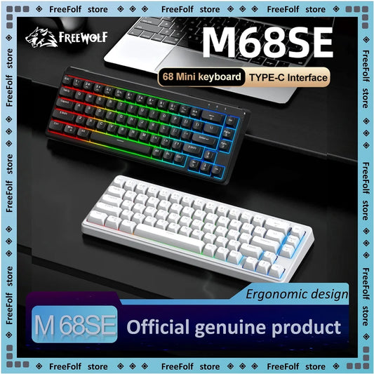 FREEWOLF M68SE 68 key wired mini keyboard, designed ergonomically, Dazzling lights And compatible with multiple systems