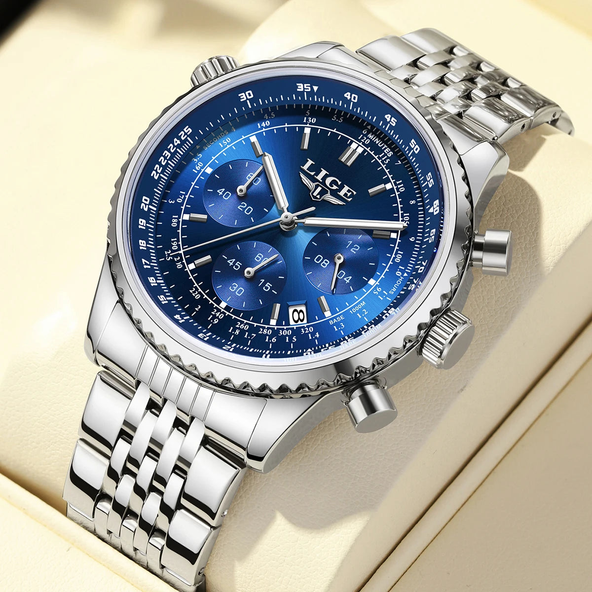 LIGE luxury men’s watch – Chronograph with date, stainless steel, water-resistant, luminescent, sporty and military style, men’s quartz watch