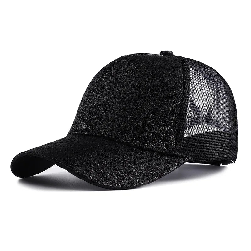 Letnia czapka z daszkiem z brokatem, z wysokim karkiem, damska czapka typu snapback, czapki typu trucker z siateczką w kolorach czarnym, białym i różowym dla kobiet Gorra