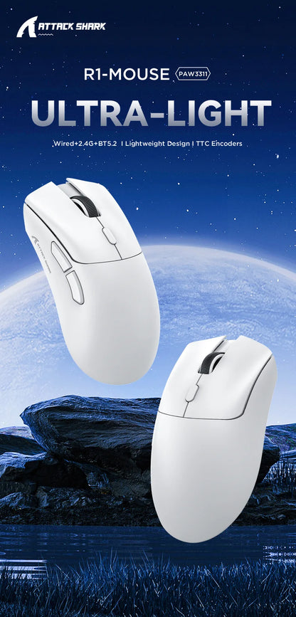 Ratón gaming inalámbrico Attack Shark R1 ligero Bluetooth 2.4G PAW3311 18000DPI ergonómico con macros