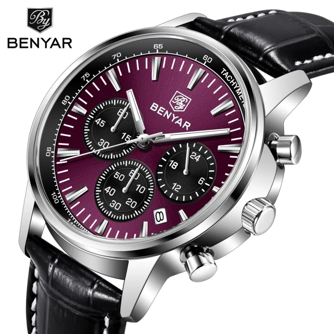Relógio de luxo para homem Benyar – Cronógrafo com data, bracelete em pele, estanque, luminescente, estilo desportivo e militar, relógio de quartzo