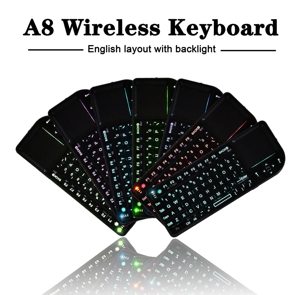 Teclado sem Fios A8 Mini 2.4G com Retroiluminação em 7 Cores, 3 em 1, Teclado Portátil com Touchpad e Air Mouse para Android TV Box, PC e Tablet