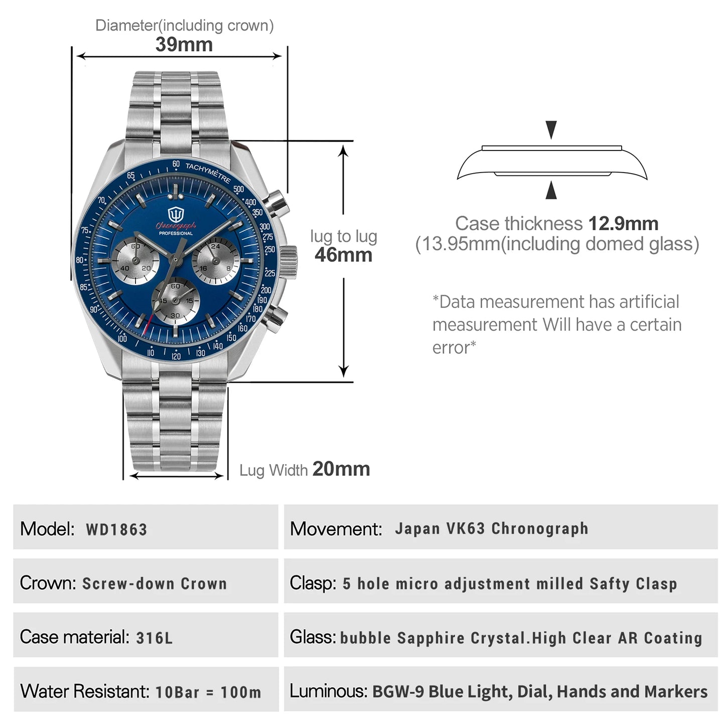 Watchdives WD1863 Watch VK63 Quartz Chronograph Movement Bubble Sapphire Crystal 100m Waterproof Luminous 39mm Vintage Watches