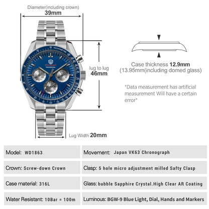 Watchdives WD1863 Watch VK63 Quartz Chronograph Movement Bubble Sapphire Crystal 100m Waterproof Luminous 39mm Vintage Watches