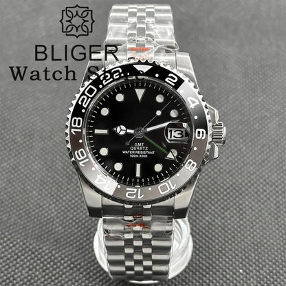 BLIGER 40mm 515 24H GMT Men's Watch Stainless Steel Clasp Luminous Quartz Movement Ceramic Bezel Sapphire Glass 10Bar Waterproof