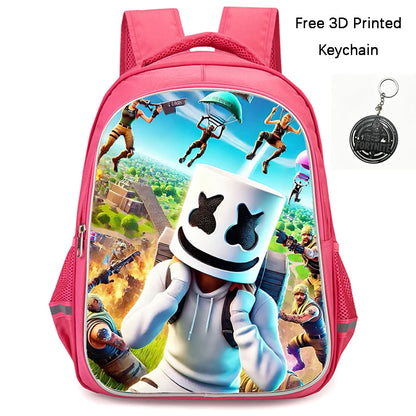 FORTNITE 16-inch Durable Lightweight Backpack, Dual Zipper Pockets, Cartoon Style for Boys & Girls 6-10,Free 3D Printed Keychain