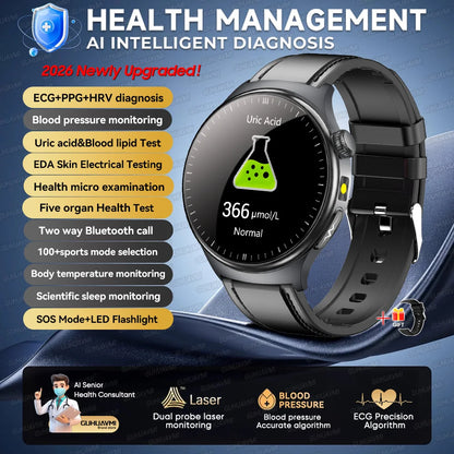 2026New AI-Diagnosis Care Smartwatch ECG+PPG Accurate Uric Acid Blood Pressure Body Fat Five organ Fitness Waterproof Smartwatch