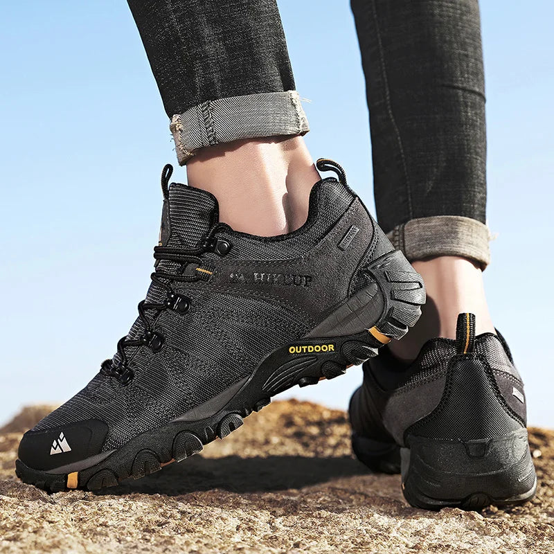 HIKEUP Zapatillas de senderismo para hombre de cuatro estaciones, calzado deportivo de exterior en cuero genuino resistente al desgaste, zapatos de escalada con suela de goma para trekking