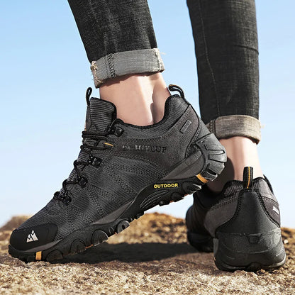 HIKEUP Zapatillas de senderismo para hombre de cuatro estaciones, calzado deportivo de exterior en cuero genuino resistente al desgaste, zapatos de escalada con suela de goma para trekking
