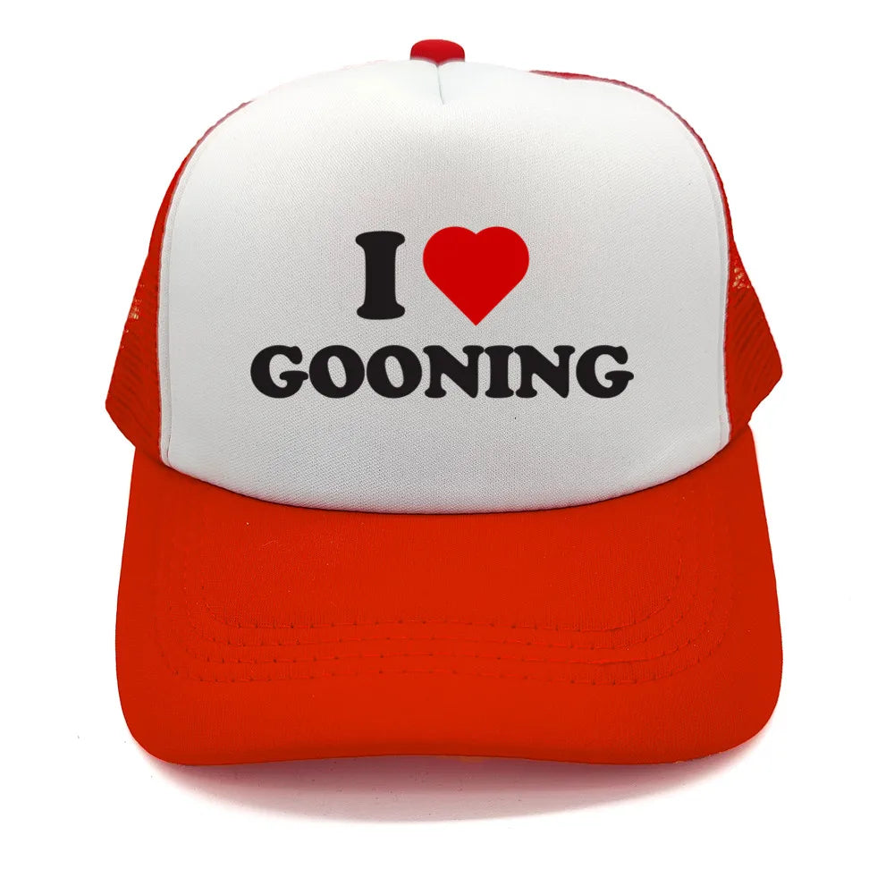 Juokingos „I Love Gooning“ beisbolo kepurės. Šaunios vasarinės vyriškos tinklinės kepurės. Humoro kupinos „Trucker“ stiliaus kepurės. Unisex lauko tinklinės kepurės MZ-080