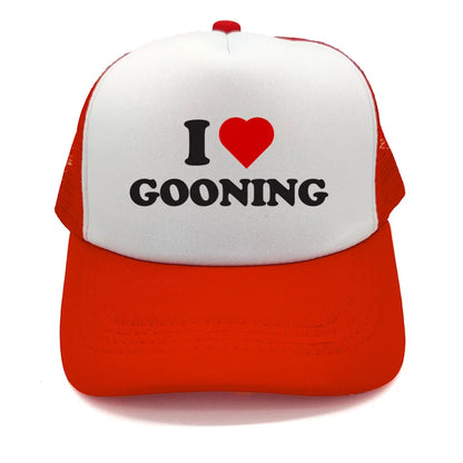 Juokingos „I Love Gooning“ beisbolo kepurės. Šaunios vasarinės vyriškos tinklinės kepurės. Humoro kupinos „Trucker“ stiliaus kepurės. Unisex lauko tinklinės kepurės MZ-080