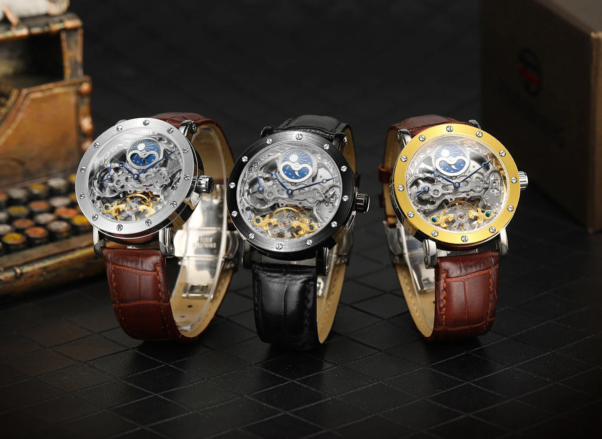 Relógio de pulso mecânico automático SKROX para homem, modelo esqueleto com função GMT, fase lunar e turbilhão – Relógio de luxo de alta gama, elegante e original.