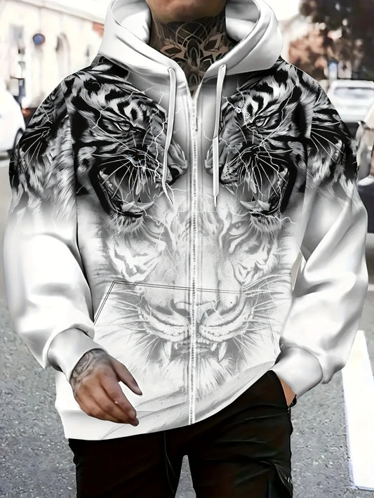 Sweatshirt com capuz e fecho para homem 2025, manga comprida, gráfico de tigre, estilo casual outdoor, com cordão e bolsos