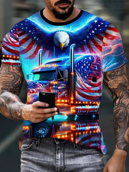 Patriottisch 3D-T-shirt met adelaarsprint voor heren, casual T-shirt met ronde hals en korte mouwen, ideaal voor zomermode en buitenactiviteiten, herenkleding