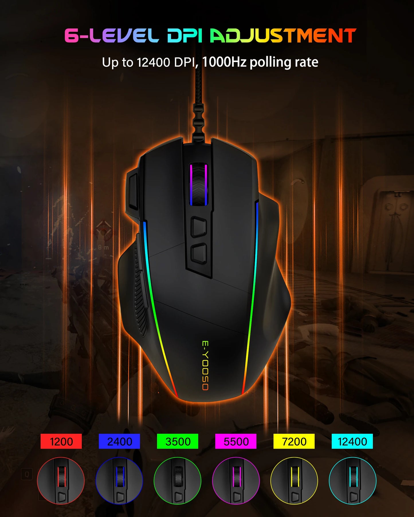 E-YOOSO X49 laidinė žaidimų pelė, reguliuojamas 12400 DPI jautrumas, RGB apšvietimas, 8 programuojami mygtukai, ergonomiška žaidimų pelė PC ir nešiojamajam kompiuteriui