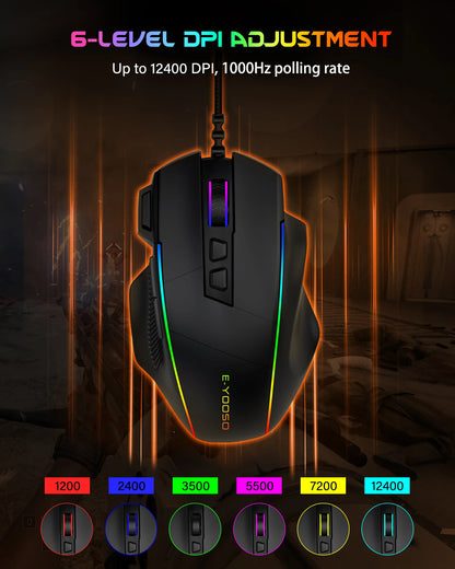 E-YOOSO X49 laidinė žaidimų pelė, reguliuojamas 12400 DPI jautrumas, RGB apšvietimas, 8 programuojami mygtukai, ergonomiška žaidimų pelė PC ir nešiojamajam kompiuteriui