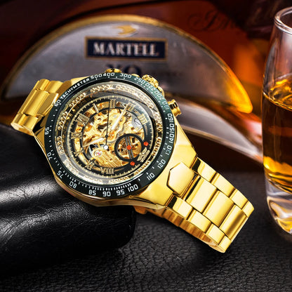 Relógio automático para homem WINNER – Modelo esqueleto transparente, ponteiros luminescentes, bracelete em aço inoxidável, relógio mecânico de marca de luxo