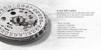 WISHDOIT New NH34 Men's Sports Automatic Mechanical GMT Sapphire Stainless Steel Waterproof 15 ATM With Rubber Strap