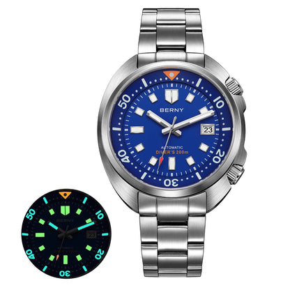 BERNY 20ATM Diver Watch For Men Mechanical Miyota 8215 Sapphire Sports Diving Luminous Anti-collision Crown Dual Crown Men Watch