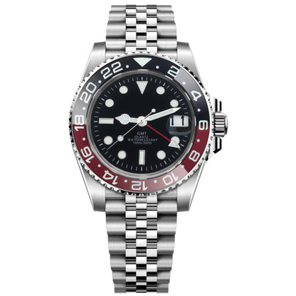 BLIGER 40mm 515 24H GMT Men's Watch Stainless Steel Clasp Luminous Quartz Movement Ceramic Bezel Sapphire Glass 10Bar Waterproof