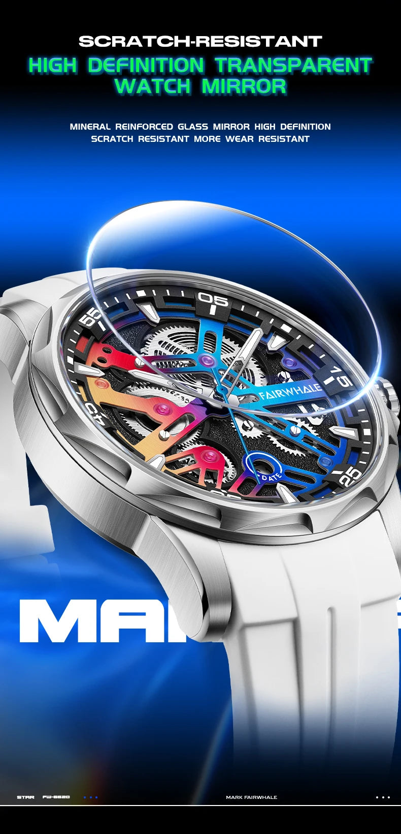 Brand Mark Fairwhale Sports Automatic Watch For Men Fashion Stainless Steel Rainbow Dial Mechanical Wristwatch Man Free Shipping