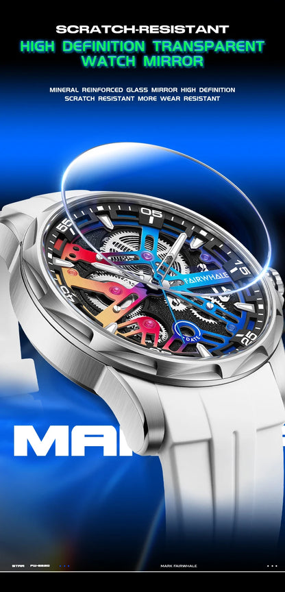 Brand Mark Fairwhale Sports Automatic Watch For Men Fashion Stainless Steel Rainbow Dial Mechanical Wristwatch Man Free Shipping