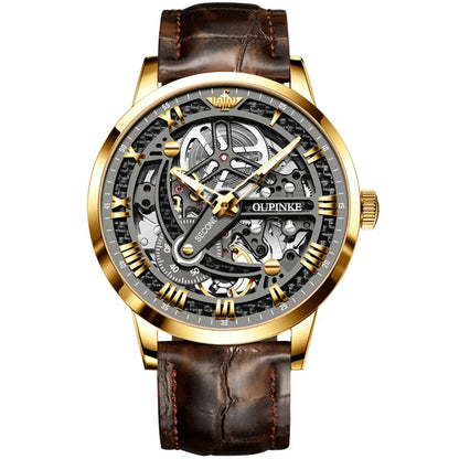 OUPINKE 3173 Skeleton Automatic Mechanical Watch Luxury Brand 50M Waterproof Watch Leather Strap Mens Watch Box Gifts Reloj