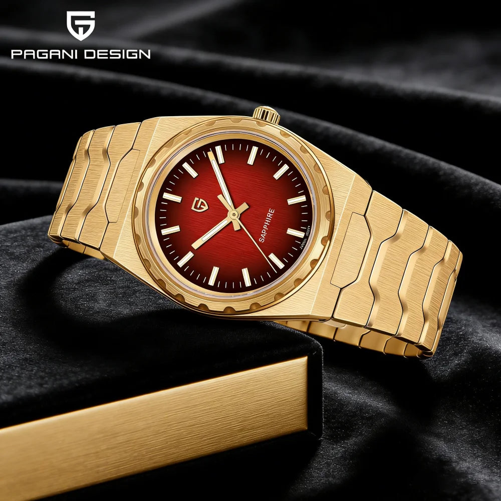 Relógio de luxo para homem PAGANI DESIGN – Edição limitada, vidro de safira, mostrador vermelho, aço inoxidável, estanque – PDYS020