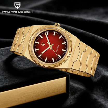 Relógio de luxo para homem PAGANI DESIGN – Edição limitada, vidro de safira, mostrador vermelho, aço inoxidável, estanque – PDYS020