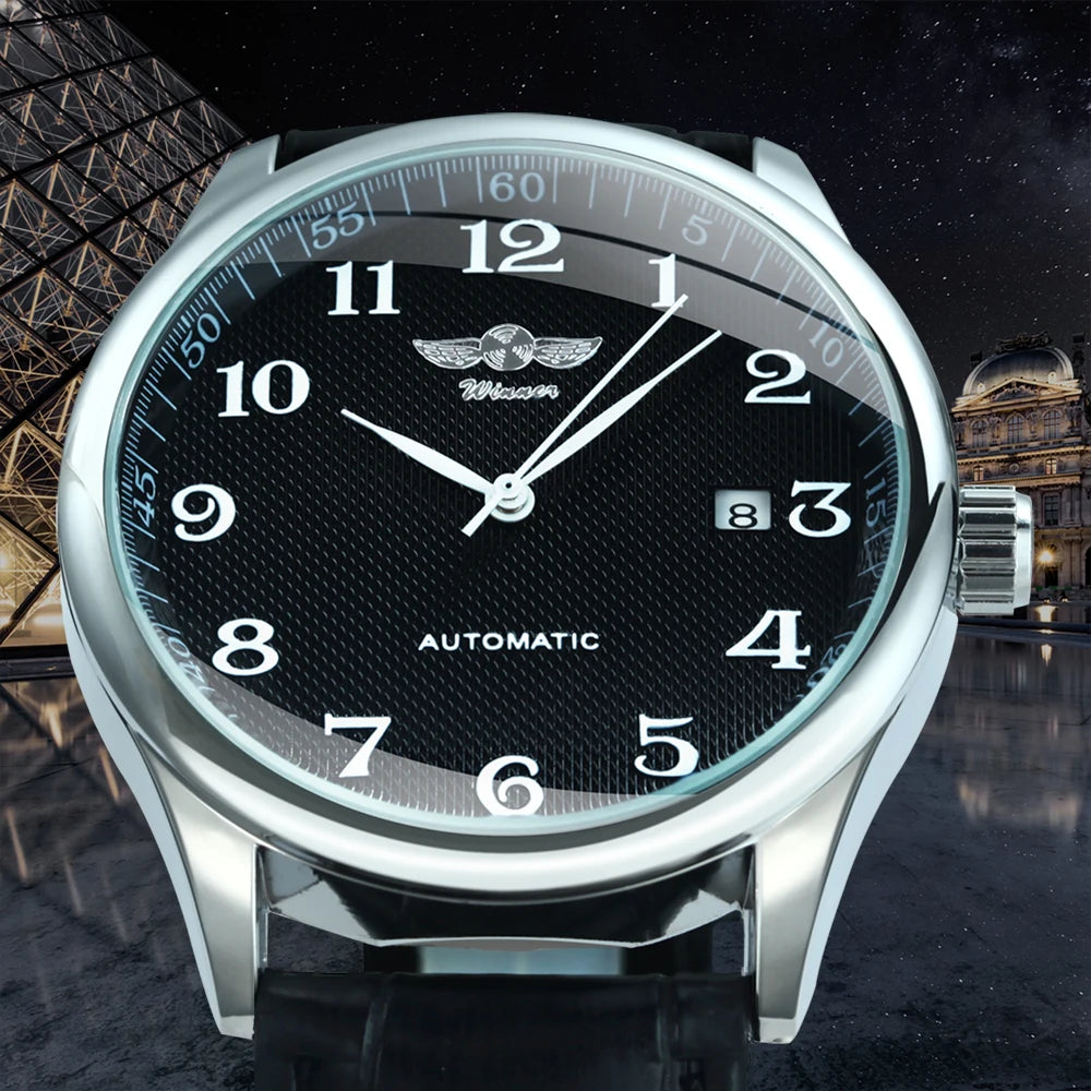 Relógio de homem WINNER – Estilo clássico, retro e elegante – Relógio mecânico automático com calendário – Marca de luxo, caixa em aço e bracelete em pele