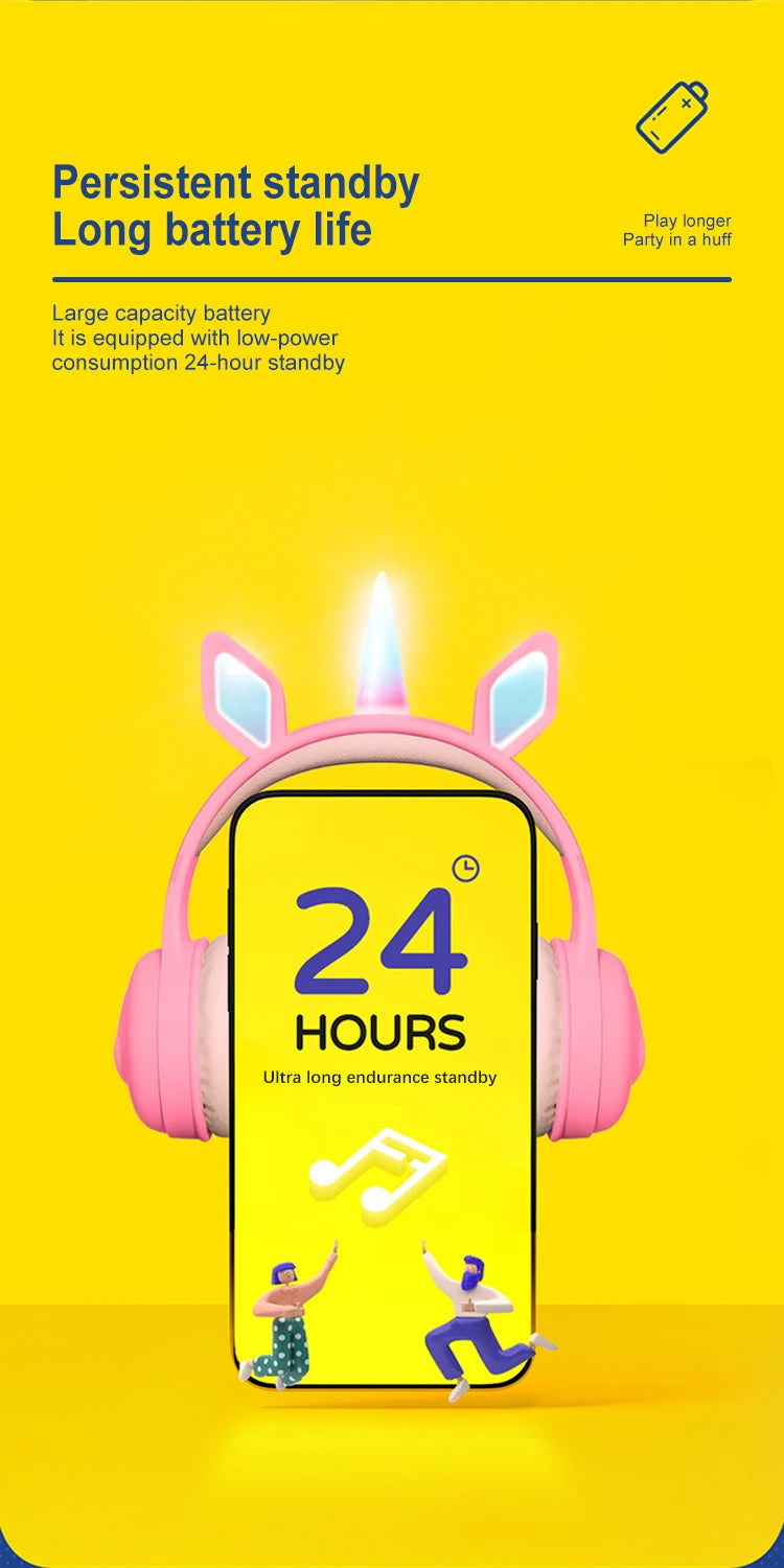 Glow Unicorn Bluetooth Headphones for Kids – LED Bunny Ear Wireless Headphones with Microphone, TF Card Slot, Over-Ear Bluetooth Headset for Gaming, Music & Mobile Devices