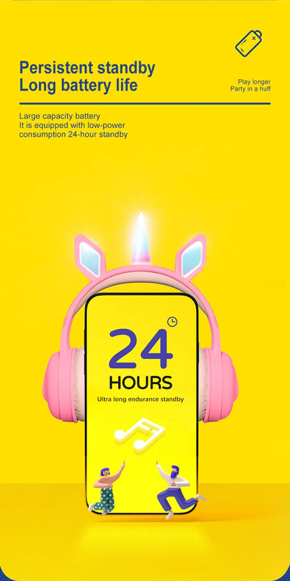 Glow Unicorn Bluetooth Headphones for Kids – LED Bunny Ear Wireless Headphones with Microphone, TF Card Slot, Over-Ear Bluetooth Headset for Gaming, Music & Mobile Devices