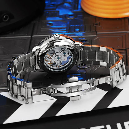 Relógio esqueleto para homem, estilo moderno, adornado com pedras preciosas nas cores do arco-íris, equipado com um turbilhão; relógio mecânico automático de luxo, estanque até 30 metros.