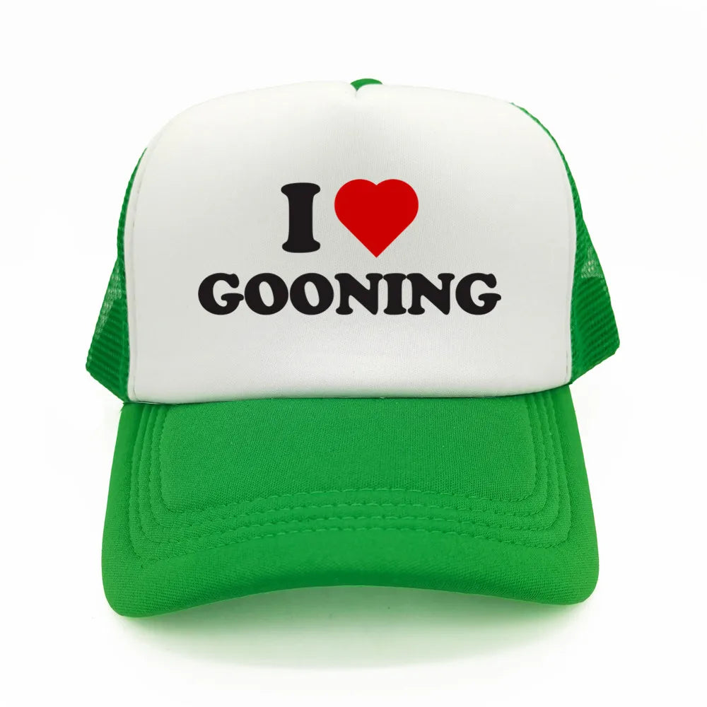 Juokingos „I Love Gooning“ beisbolo kepurės. Šaunios vasarinės vyriškos tinklinės kepurės. Humoro kupinos „Trucker“ stiliaus kepurės. Unisex lauko tinklinės kepurės MZ-080
