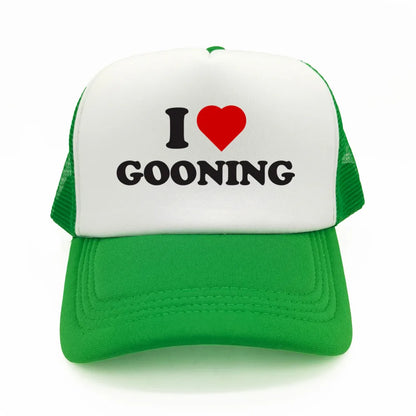 Juokingos „I Love Gooning“ beisbolo kepurės. Šaunios vasarinės vyriškos tinklinės kepurės. Humoro kupinos „Trucker“ stiliaus kepurės. Unisex lauko tinklinės kepurės MZ-080