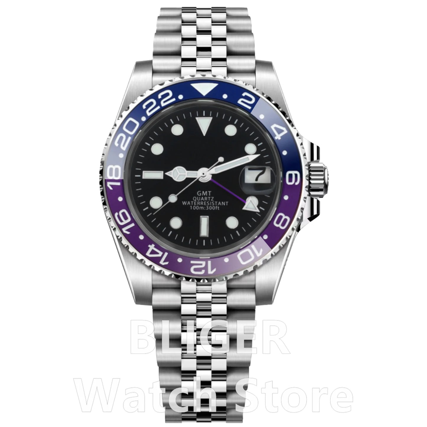 BLIGER 40mm 515 24H GMT Men's Watch Stainless Steel Clasp Luminous Quartz Movement Ceramic Bezel Sapphire Glass 10Bar Waterproof