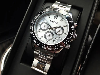 Relógio de homem MEGIR, marca de luxo, relógio desportivo de quartzo, bracelete em aço inoxidável, resistente à água, cronógrafo, relógio de pulso