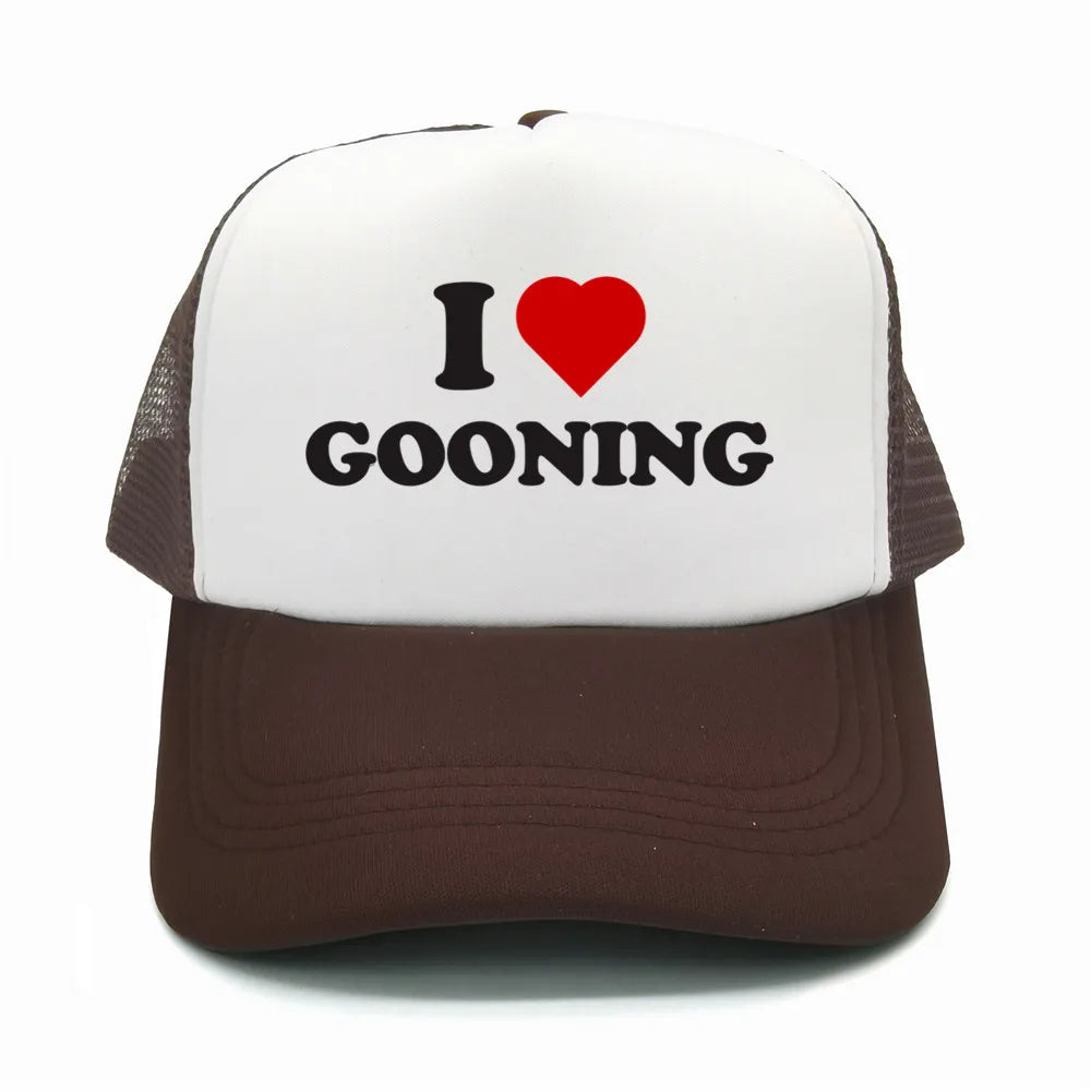 Juokingos „I Love Gooning“ beisbolo kepurės. Šaunios vasarinės vyriškos tinklinės kepurės. Humoro kupinos „Trucker“ stiliaus kepurės. Unisex lauko tinklinės kepurės MZ-080