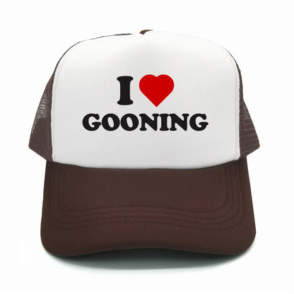 Juokingos „I Love Gooning“ beisbolo kepurės. Šaunios vasarinės vyriškos tinklinės kepurės. Humoro kupinos „Trucker“ stiliaus kepurės. Unisex lauko tinklinės kepurės MZ-080