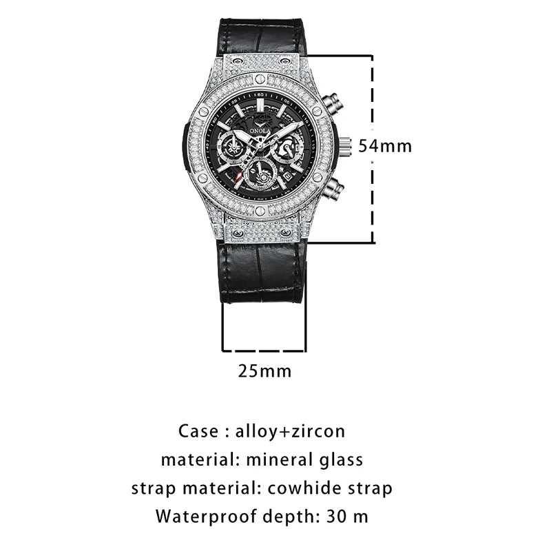 ONOLA Luxury Style Diamond Inlaid Men Quartz Watch Leather Strap Calendar Men Watch 30M Waterproof Men Clock