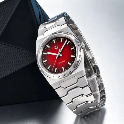 Relógio de luxo para homem PAGANI DESIGN – Edição limitada, vidro de safira, mostrador vermelho, aço inoxidável, estanque – PDYS020