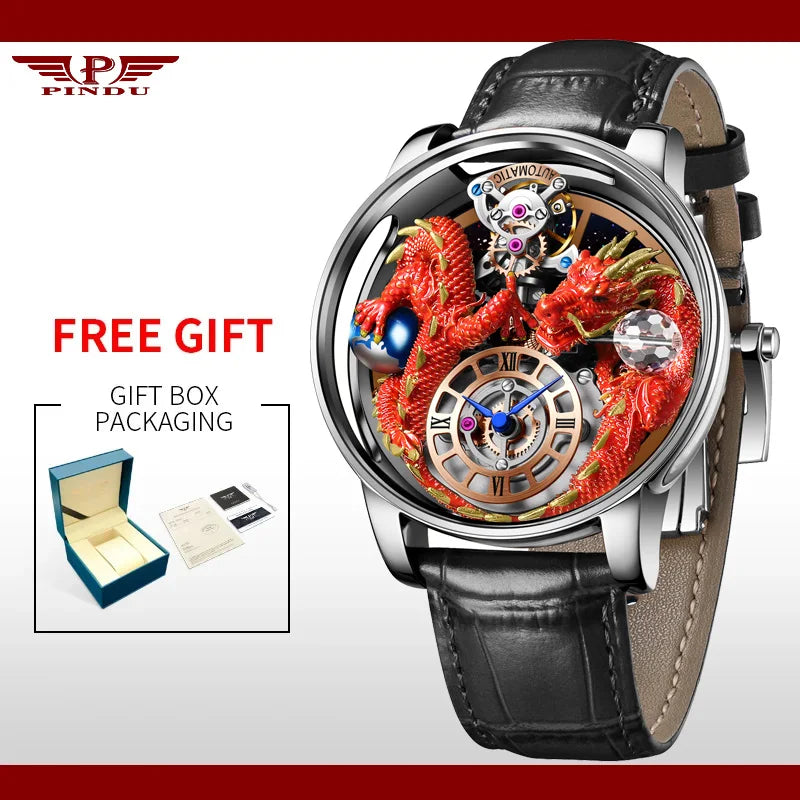 PINDU Design Celestial Body Series Traditionnelle Artisanat Three Dimensional Dragon Men Watch Curved Mirror Transparent Globe