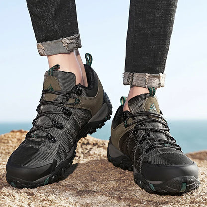 HIKEUP Zapatillas de senderismo para hombre de cuatro estaciones, calzado deportivo de exterior en cuero genuino resistente al desgaste, zapatos de escalada con suela de goma para trekking
