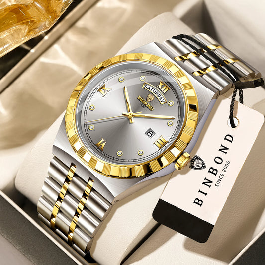 Men’s watch from the original BINBOND brand – Quartz wristwatch, luxury model, water-resistant and luminescent.