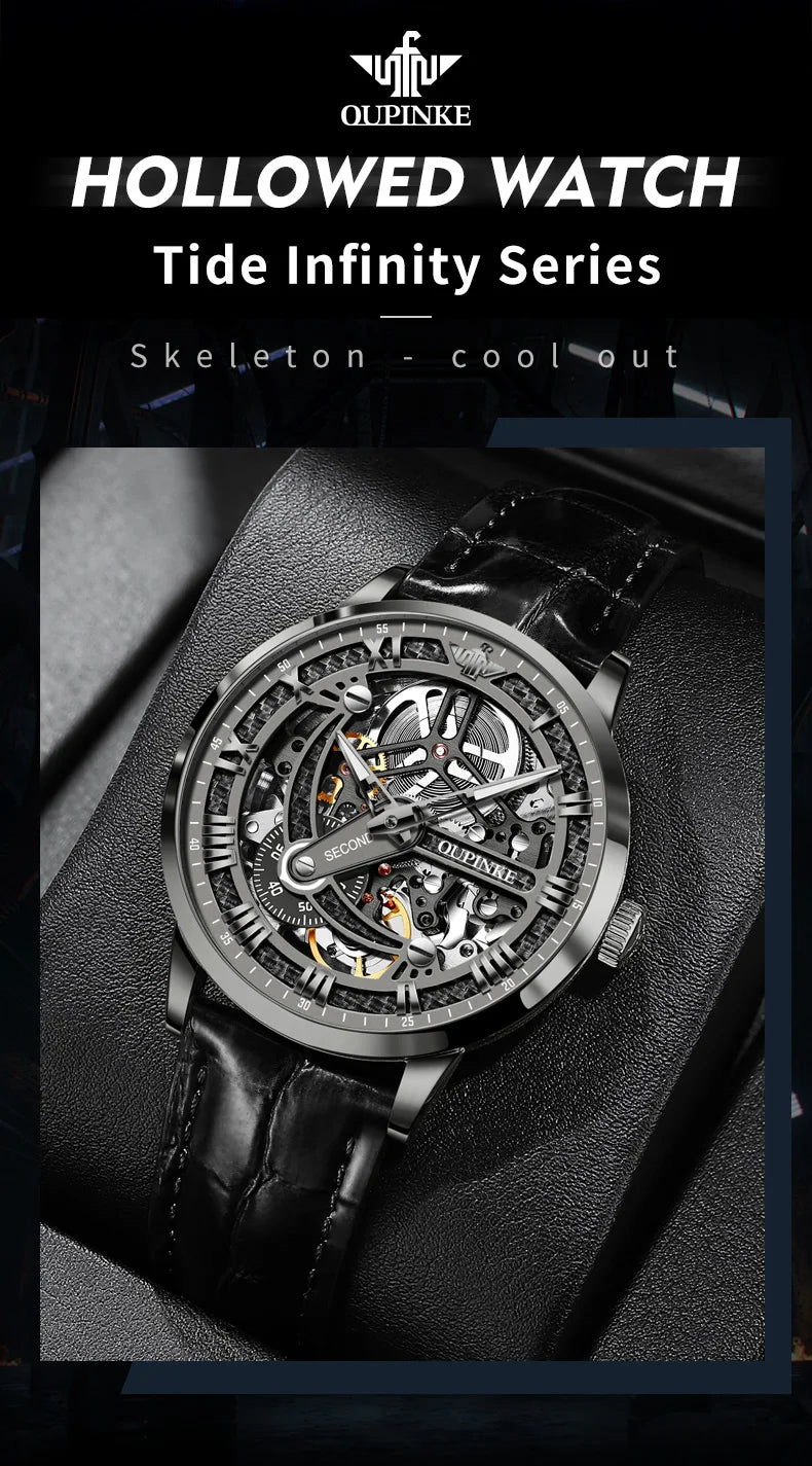 OUPINKE 3173 Skeleton Automatic Mechanical Watch Luxury Brand 50M Waterproof Watch Leather Strap Mens Watch Box Gifts Reloj