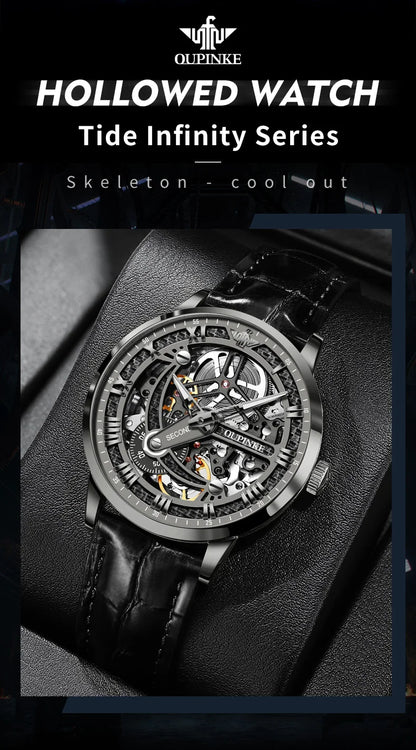 OUPINKE 3173 Skeleton Automatic Mechanical Watch Luxury Brand 50M Waterproof Watch Leather Strap Mens Watch Box Gifts Reloj