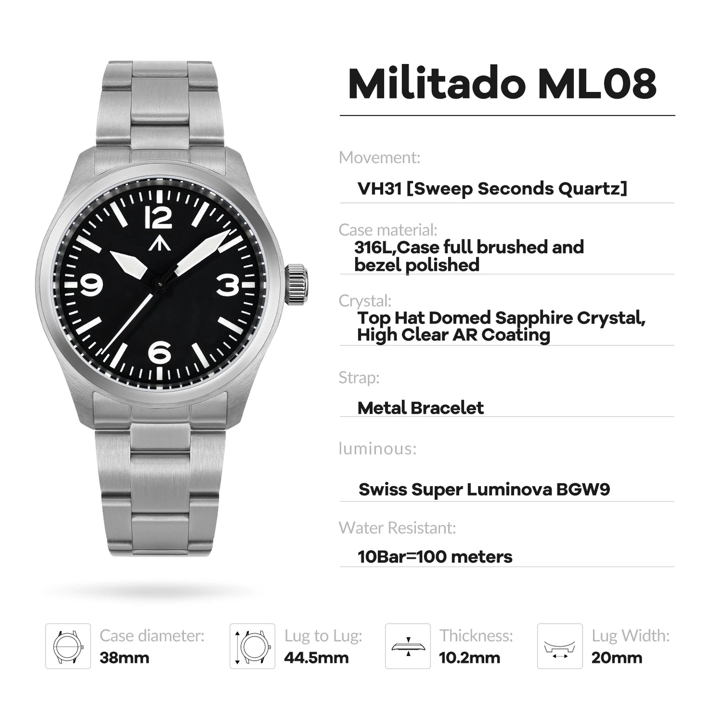 Militado ML08 Quartz Watch Ronda 515/VH31 Movement Domed Sapphire Wristwatch BGW9 Luminous 10Bar Waterproof 38mm Vintage Watches