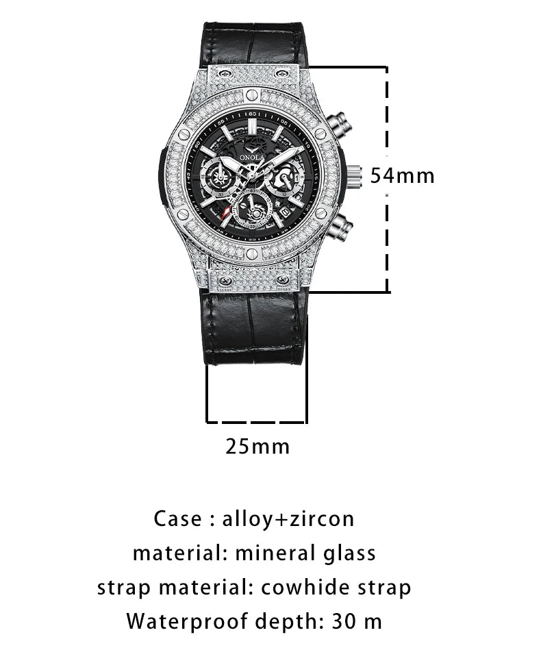 ONOLA Luxury Style Diamond Inlaid Men Quartz Watch Leather Strap Calendar Men Watch 30M Waterproof Men Clock